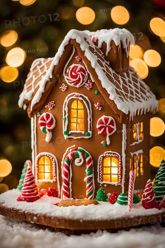 Gingerbread house decorations, focusing on the intricate icing details, colorful candy, and soft, warm light creating a cozy festive ambiance, AI generated