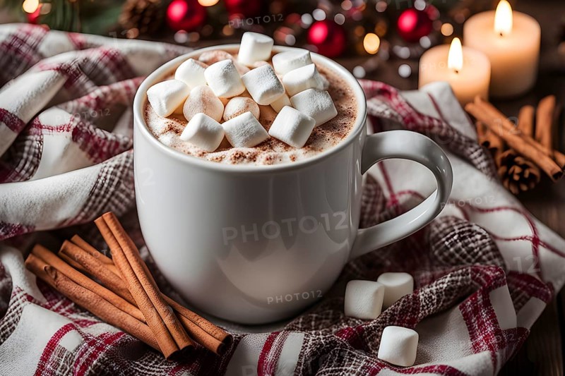 A close-up of a steaming cup of hot cocoa topped with marshmallows, surrounded by cinnamon sticks, candy canes, and a plaid blanket, evoking a warm, festive feel, AI generated