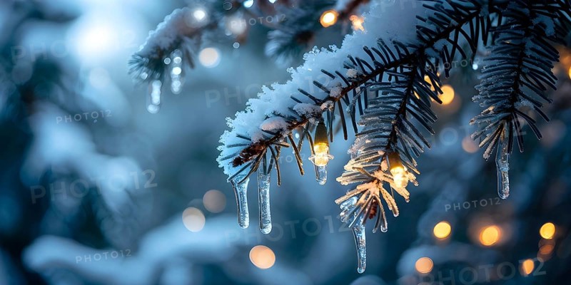 Detailed shot of frosted pine branches with twinkling fairy lights and icicles hanging, creating a sparkling wintery effect, AI generated