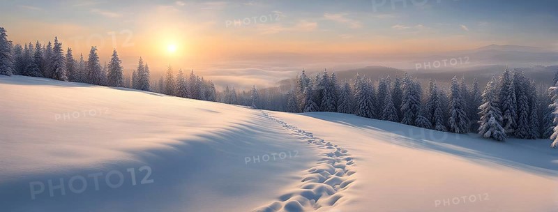 Footprints in fresh snow on a hill with a row of trees in winter in golden sunrise light, AI generated