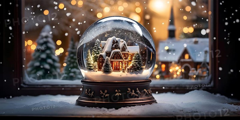 Snow globe with a tiny festive village inside, capturing the swirling snow and the light reflections on the glass dome, AI generated