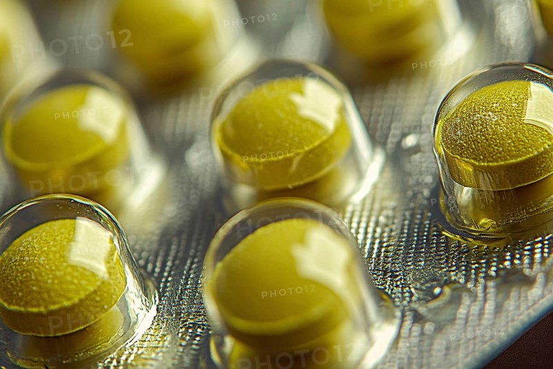 Close up of yellow medical pills in blister pack. Generative Ai, AI generated