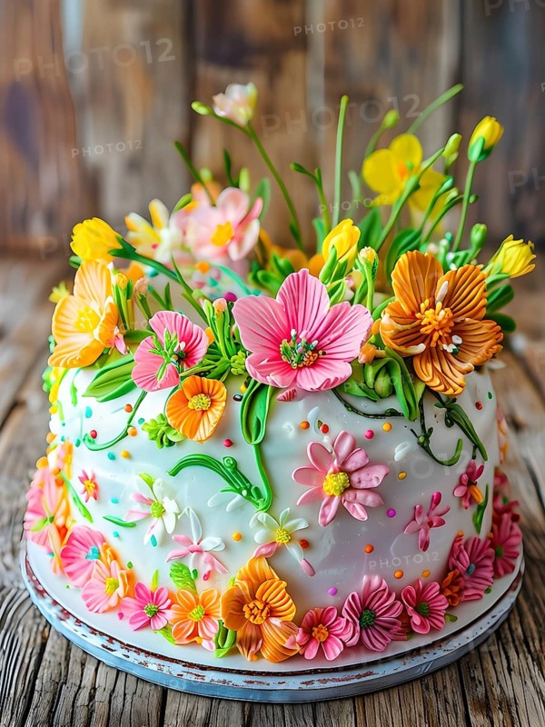 Decorated Easter cake with intricate icing flowers and colorful sprinkles, placed on a rustic wooden table, AI generated