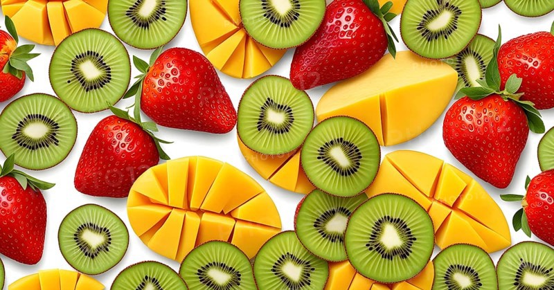 Colorful and artfully arranged slices of fruits like mangoes, strawberries, and kiwi, AI generated
