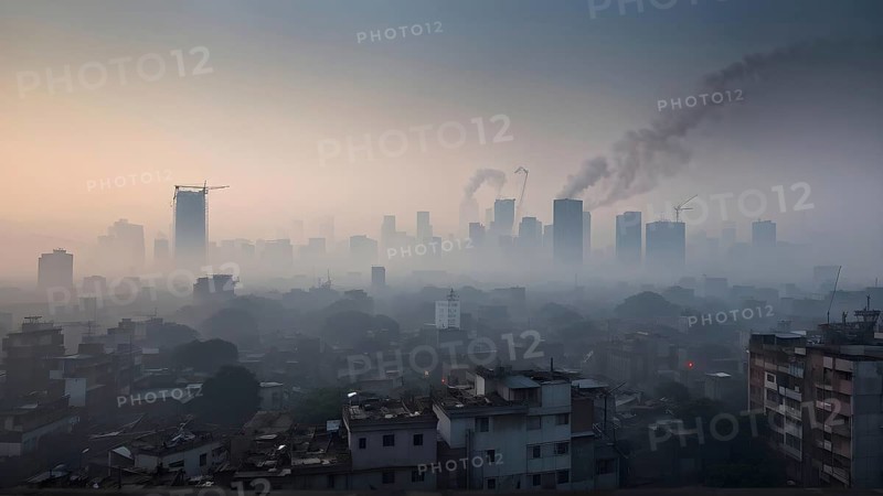 Aerial view of a mega city with smog and pollution, AI generated