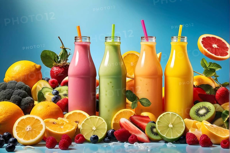 Smoothie surrounded by an assortment of fruits and vegetables, AI generated