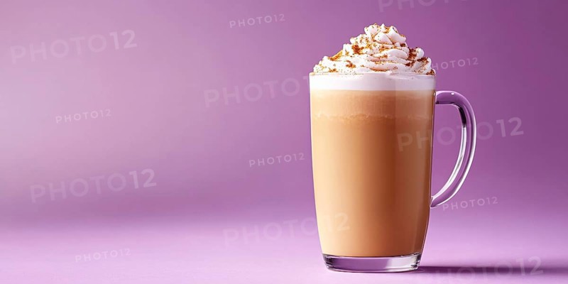 Glass with seasonal pumpkin spice latte on violet background with copy space. Generative Ai, AI generated
