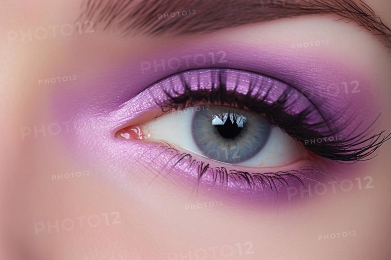 Close up of woman's eye with beautiful purple eyeshadow makeup and long black lashes. KI generiert, generiert AI generated