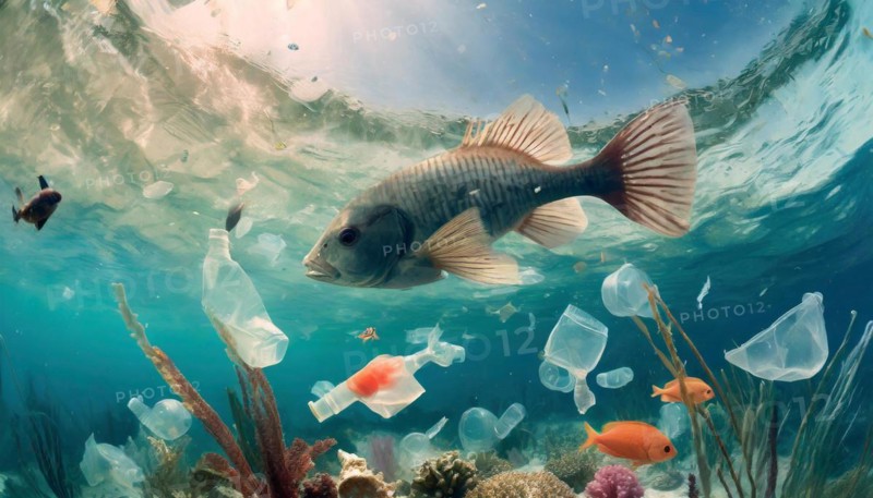 Symbolism, waste problem, plastic waste drifts in the sea and endangers animals, AI-generated, AI-generated, AI generated