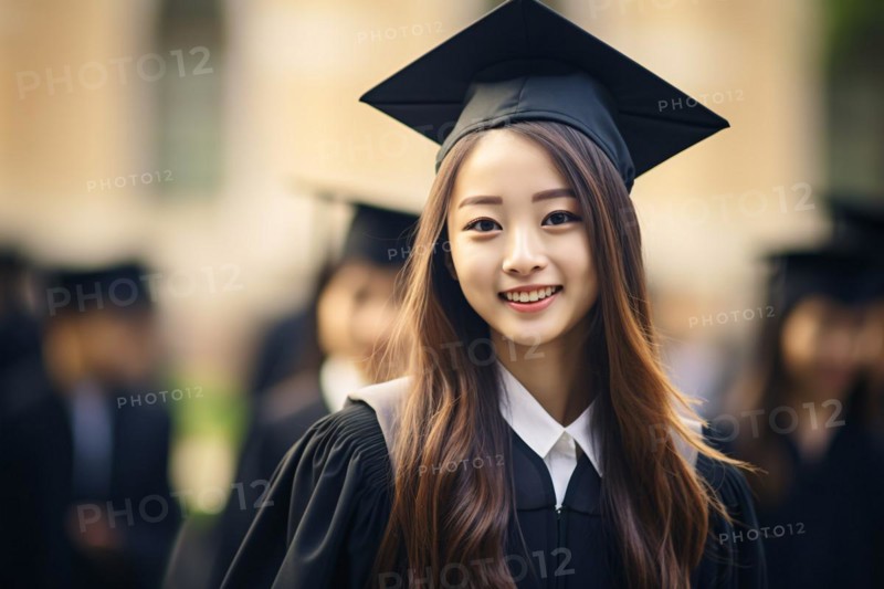 Young Asian woman with graduation hat and cape on school graduation day. KI generiert, generiert, AI generated