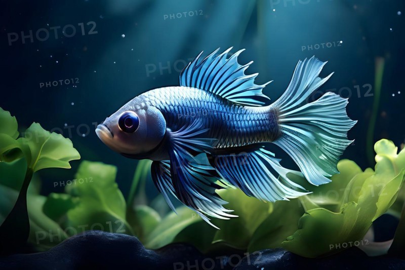 Solitary betta fish fins resemble flowing silk hiding in shadowy nooks, AI generated