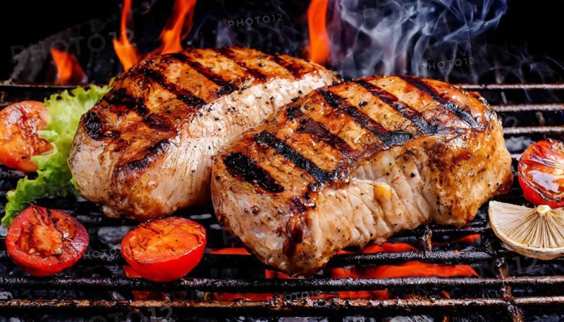 Food, dishes, two turkey steaks on a charcoal grill with glowing charcoal, AI generated, AI generated