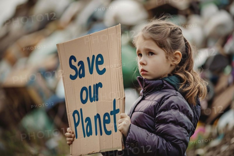 Activist with cardboard sign with text 'Save our planet' in front of blurry mountain of garbage. KI generiert, generiert, AI generated
