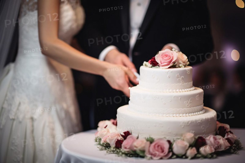 Wedding couple bride and groom cutting white cream weding cake. KI generiert, generiert, AI generated