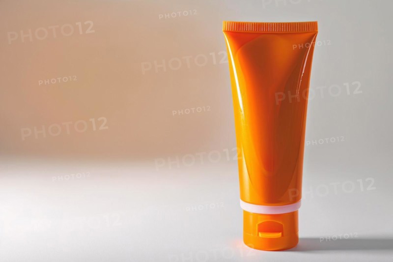 Orange sunscreen tube on white studio background with copy space. KI generiert, generiert, AI generated