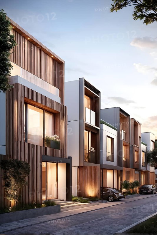 AI generated row of modern modular private townhouses featuring wooden cladding distinct panels
