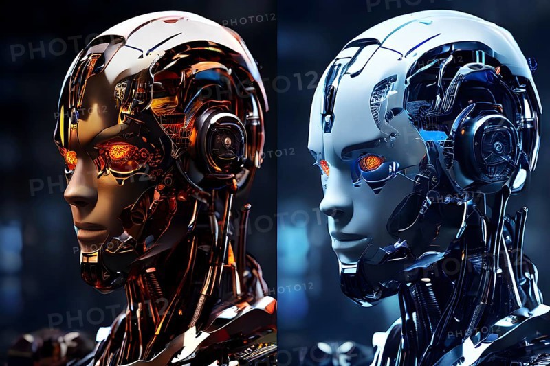Advanced humanoid robot heads illustrating future robot concepts, AI generated