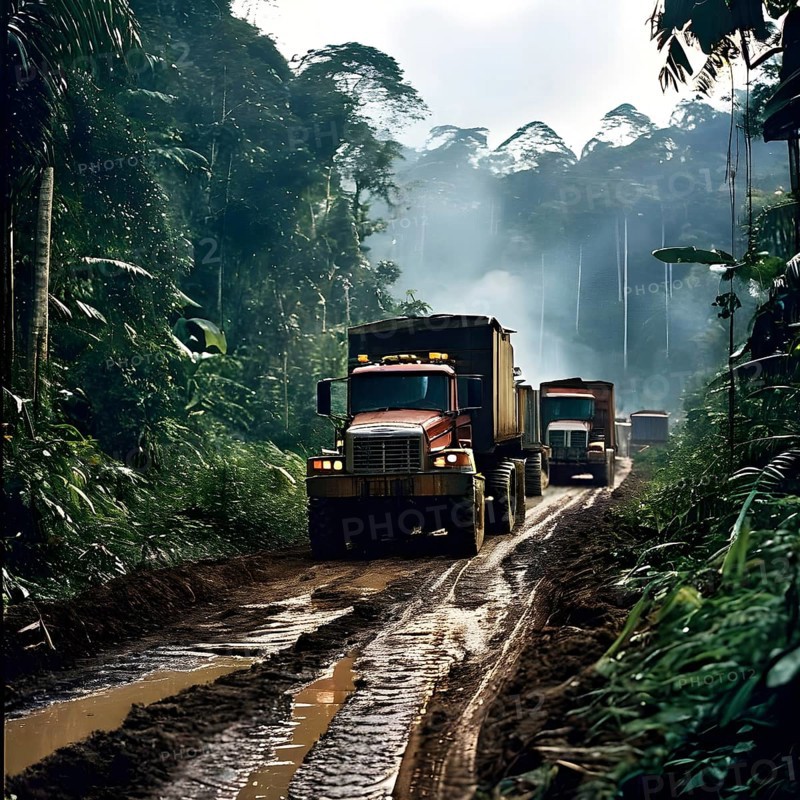 Trucks loaded with freshly cut timber wind through the narrow paths of the diminishing amazon rainforest, AI generated