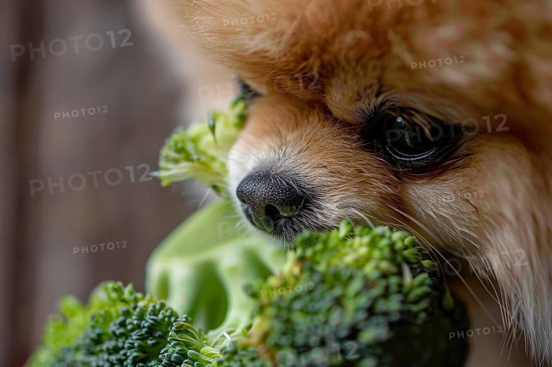 Close up of Pomeranian dog eating raw broccoli vegetable. Generative Ai, AI generated