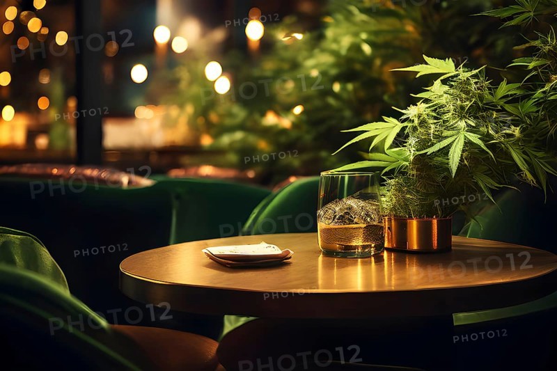 Stylish empty cannabis cafe interior in cozy modern design, AI generated