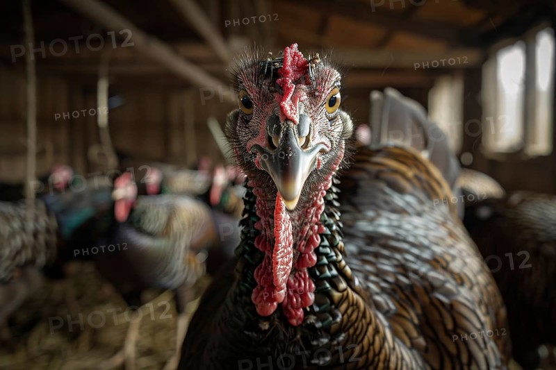 Close up of turkey bird in stable. Generative AI, AI generated