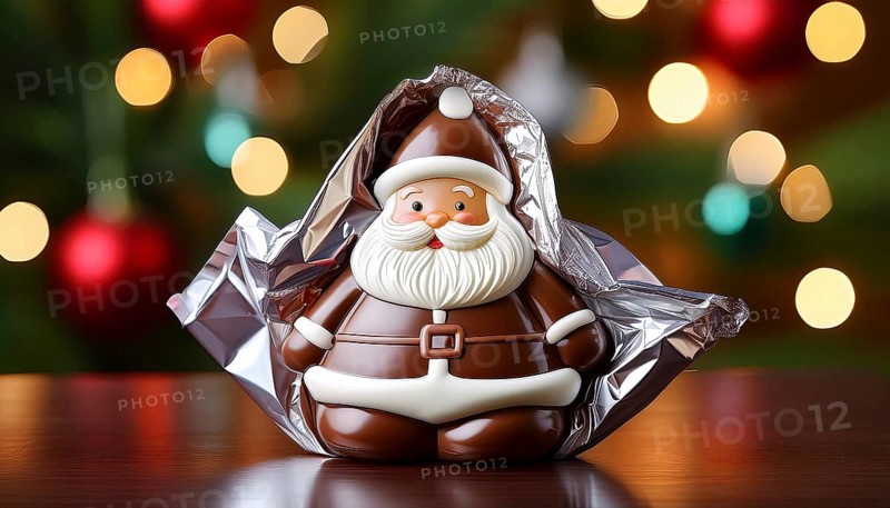 Chocolate Father Christmas, half wrapped in aluminium foil, in front of a Christmas background, AI-generated image, AI generated