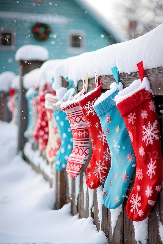 Row of Christmas stockings hanging from a snow-covered wooden fence, with delicate frost patterns forming on the colorful fabric, AI generated