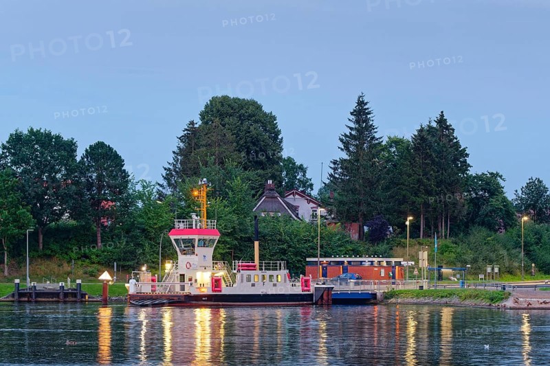 The Pillau canal ferry at the Sehestedt-Süd ferry terminal on the Kiel Canal. Sehestedt, Schleswig-Holstein, Germany, Europe