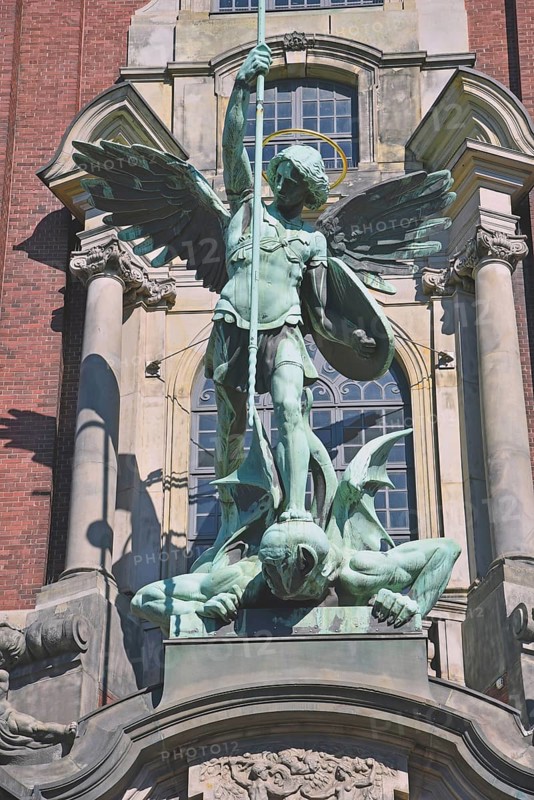 Europe, Germany, Hanseatic City of Hamburg, St Michael's Church, Baroque church, entrance portal, bronze statue of the Archangel Michael, Federal Republic of Germany, Europe