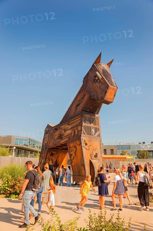 Trojan horse, accessible for children, during Cavalluna summer camp, at SHOWPALAST MÜNCHEN, the stage for shows with horsemanship, artistry, dance and music. Munich, Bavaria