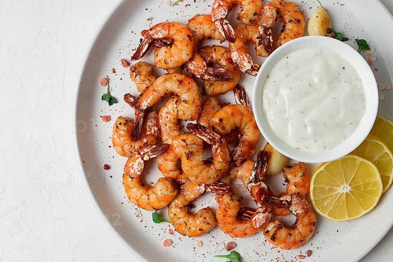 Fried shrimp, headless, with spices, grilled, homemade, no people