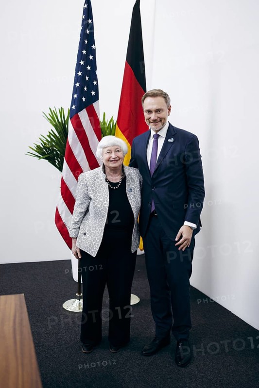 Christian Lindner (FDP), Federal Minister of Finance, meets Janet Yellen, Secretary of the Treasury of the United States of America for a discussion at the G20, G7 Finance Ministers and Central Bank Governors Meeting, in Sao Paulo, 28 February 2024. Photographed on behalf of the Federal Ministry of Finance (BMF)