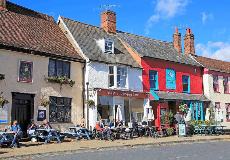 Wild Strawberry cafe and the Galley restaurant, Woodbridge, Suffolk, England, UK people sitting outside on sunny day