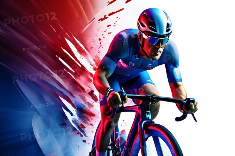 Abstract digital render of an olympic triathlete on the bike morphing into fluid shapes, AI generated, Paris, Paris, Olympic Games