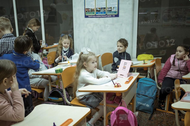 Pupils in a classroom in one of the metro schools in Kharkiv. Classrooms were set up in various metro stations in the city in order to keep classes running even during an air raid, Metro Universytet, Kharkiv, Ukraine, Europe