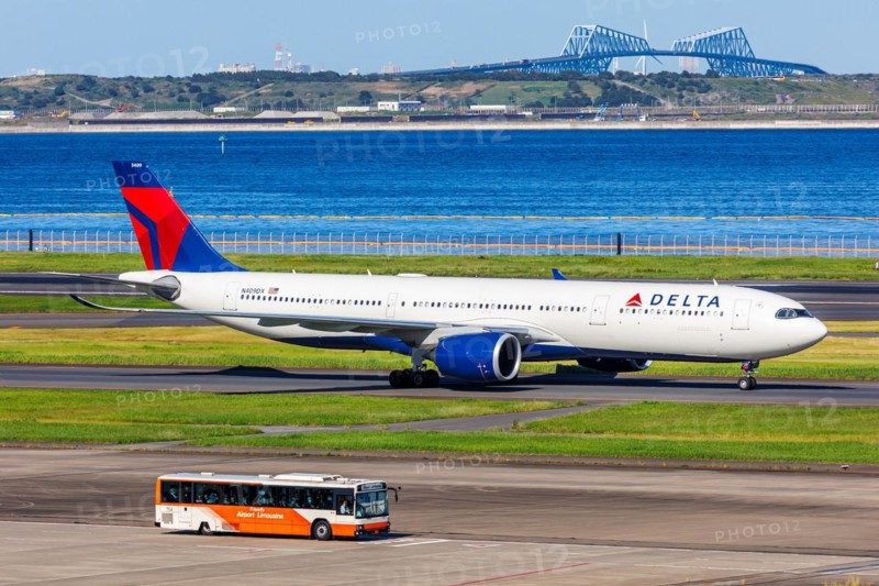 A Delta Air Lines Airbus A330-900 aircraft with the registration number N409DX at Tokyo Haneda Airport, Japan, Asia