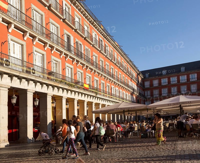 Plaza Mayor, Madrid, Spain designed 1619 Juan Gomez de Mora central square tourist attraction in the heart of the city