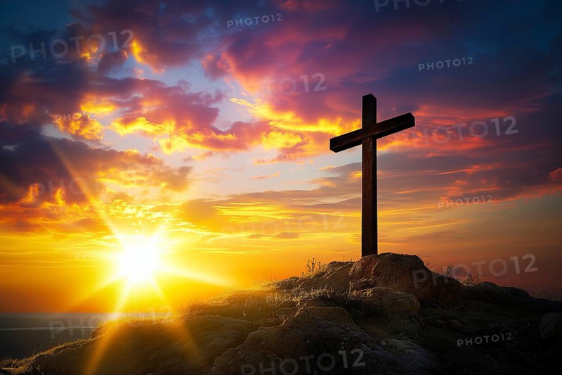 Easter concept cross on Golgotha Calvary hill against a dramatic sunset, AI generated
