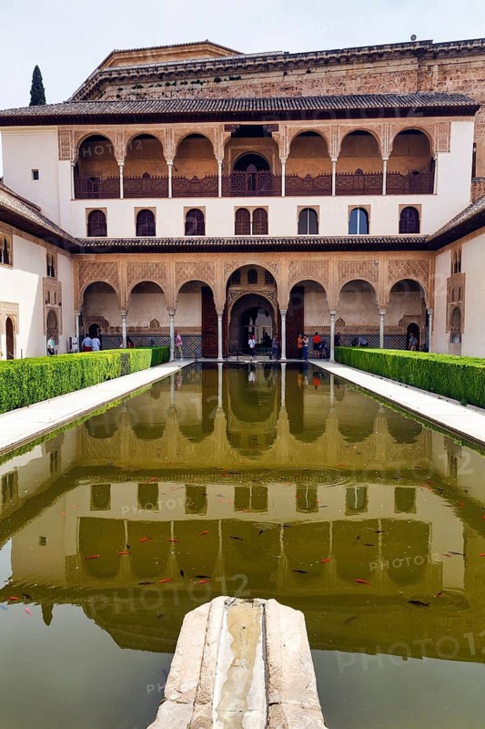 Myrtle courtyard with water basin, arabesque Moorish architecture, Patio de los Arrayanes, Comares Palace, Nasrid Palaces, Alhambra, Granada, Andalusia, Spain, Europe