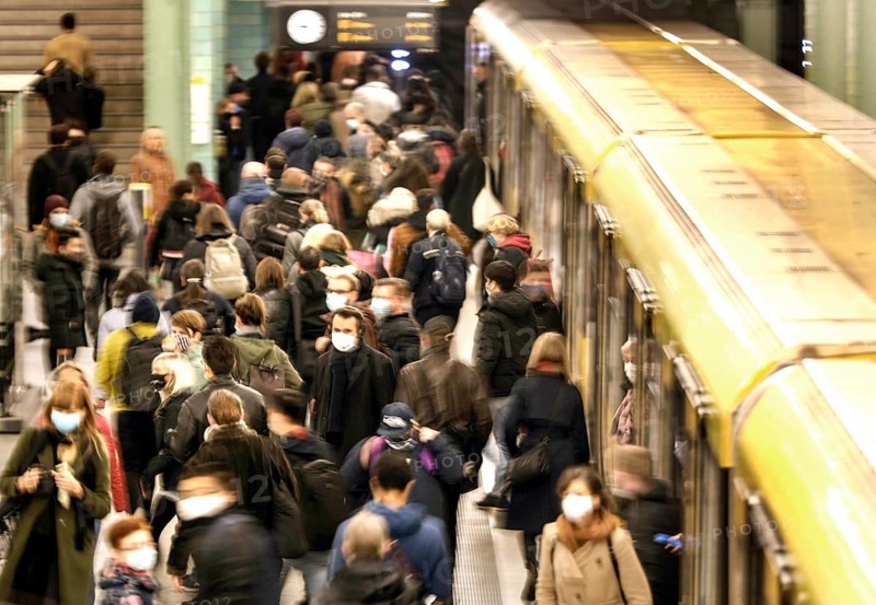 Berlin Alexanderplatz underground station, passengers with masks, 19 October 2020