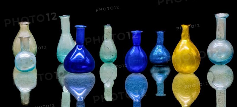 Glass jugs and bottles from the 1st-3rd century, Museo Archeologico Concordiese with finds from the Roman period, medieval old town, Portogruaro, Veneto, Friuli, Italy, Portogruaro, Veneto, Italy, Europe