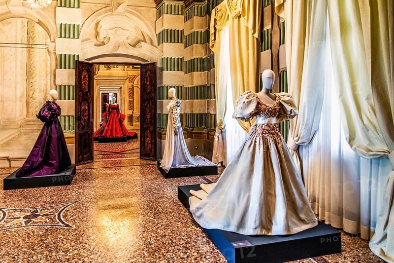 Exhibition of magnificent evening dress creations by fashion designer Roberto Capucci, 17th century Villa Manin, residence of Ludovico Manin, Codroipo, Friuli, Italy, Codroipo, Friuli, Italy, Europe