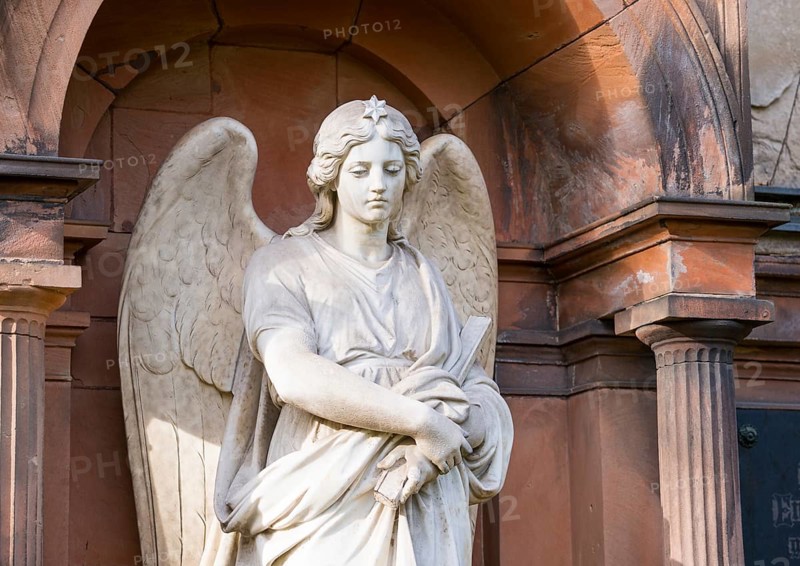Female white angel figure, with star on the top of her head, angel statue with pensive facial expression and staff in her hand, historical tomb, Cemeteries on Bergmannstraße, Berlin-Kreuzberg, Berlin, Germany, Europe