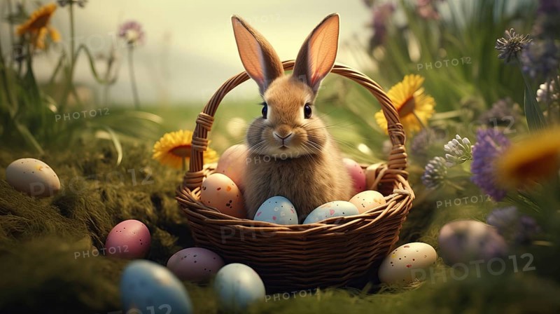 Cute Easter bunny sits beside a basket filled with colorful, decorated eggs amidst a vibrant green field under the bright, sunny sky. The festive spirit of Easter and the joy of nature, AI generated