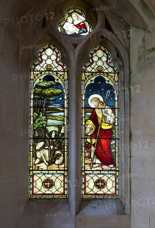 Village parish church of Saint Mary, Kingston Deverill, Somerset, England, UK stained glass memorial window