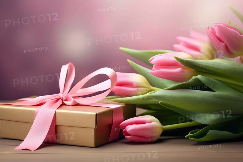 Gift Box with Pink Ribbon Beside bouquet of Fresh Tulips on Bokeh Background. Good for Valentine day, March 8, mother day, spring holidays, birthday designs, AI generated