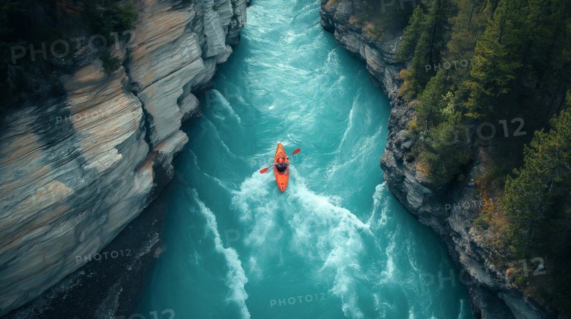 Aerial view of A kayaker paddling the rapids of a beautiful mountain river. generative AI, AI generated