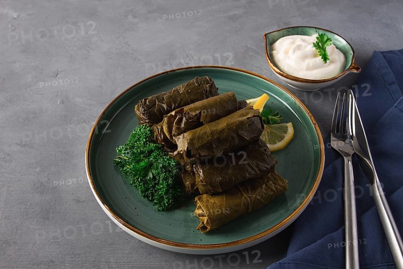 Dolma, cabbage rolls, grape leaves with filling, white sauce, lemon and herbs, rustic, selective focus, no people