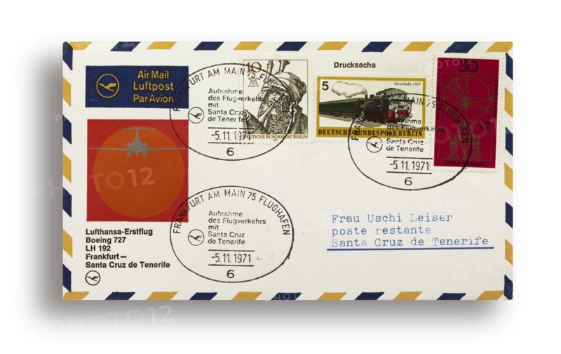 First flight letter, first flight cover, Lufthansa first flight LH192 with Boeing 727 from Frankfurt, Germany, to Santa Cruz, Tenerife, on 05 November 1971, Europe