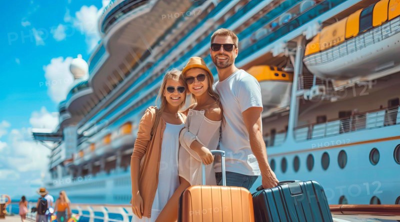 A family of four is posing for a picture in front of a cruise ship before going on vacation. They are all smiling and holding their luggage. Family is enjoying their vacation together, AI generated